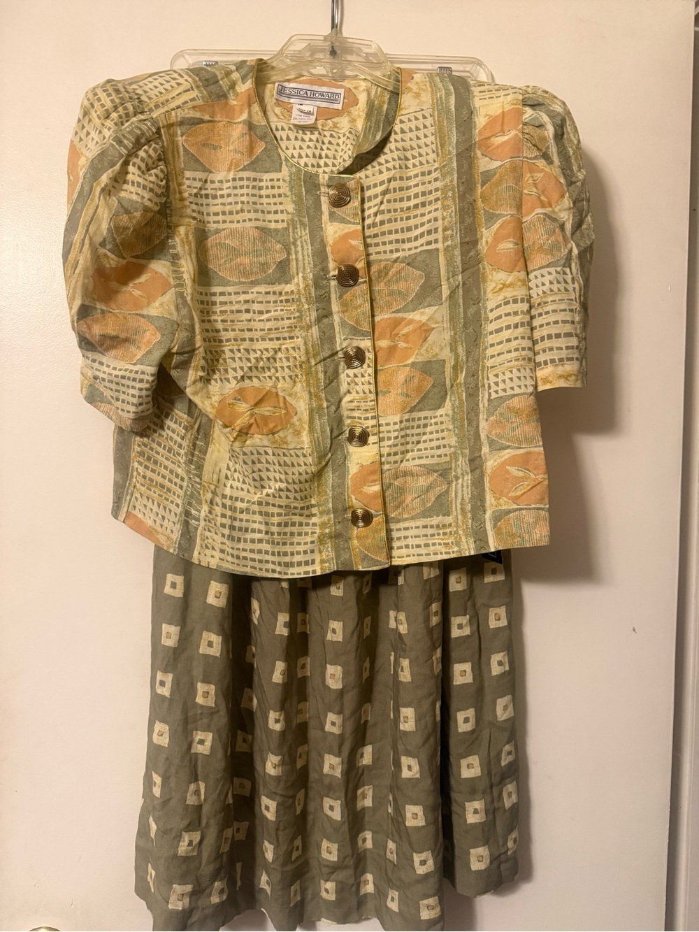 Jessica Howard Olive Green and Mustard Patterned Two-Piece Dress Set Size 16